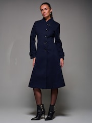 Jolie Moi Blue Asymmetric Button Detail Fit & Flare Coat - Image 2 of 6
