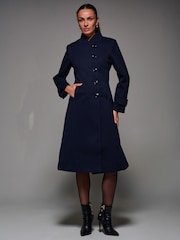 Jolie Moi Blue Asymmetric Button Detail Fit & Flare Coat - Image 3 of 6