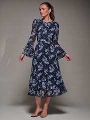 Jolie Moi Blue Long Sleeve Chiffon Print Frill Midaxi Dress - Image 1 of 6
