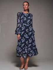 Jolie Moi Blue Long Sleeve Chiffon Print Frill Midaxi Dress - Image 2 of 6