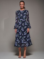 Jolie Moi Blue Long Sleeve Chiffon Print Frill Midaxi Dress - Image 3 of 6