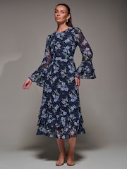 Jolie Moi Blue Long Sleeve Chiffon Print Frill Midaxi Dress - Image 4 of 6