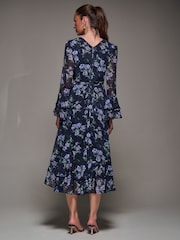 Jolie Moi Blue Long Sleeve Chiffon Print Frill Midaxi Dress - Image 5 of 6