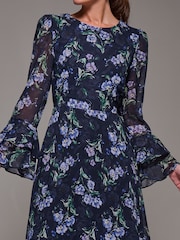 Jolie Moi Blue Long Sleeve Chiffon Print Frill Midaxi Dress - Image 6 of 6