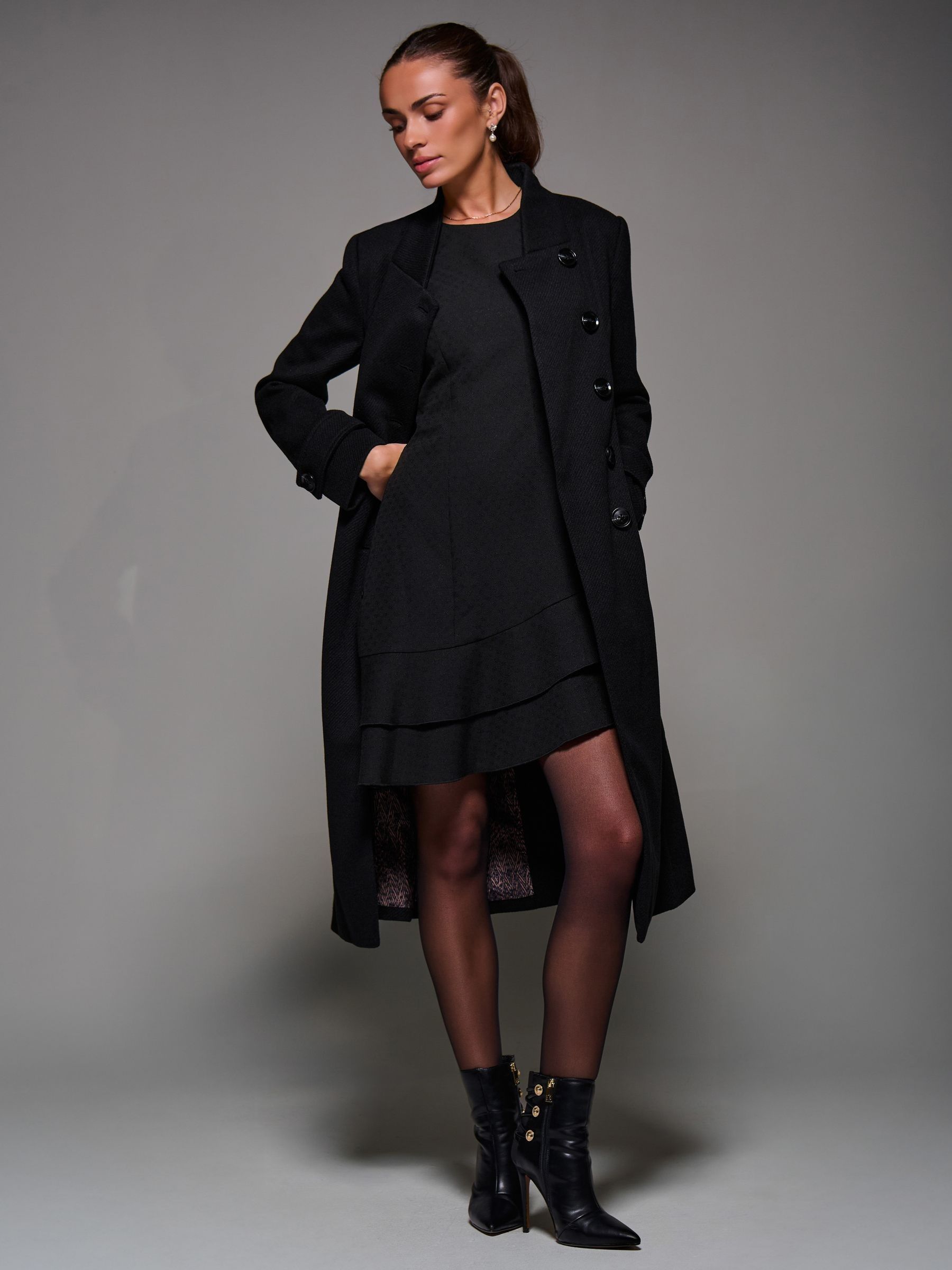 Buy Jolie Moi Black Asymmetric Button Detail Fit & Flare Coat from