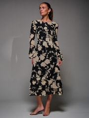 Jolie Moi Black Long Sleeve Frill Chiffon Midaxi Dress - Image 1 of 6