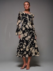 Jolie Moi Black Long Sleeve Frill Chiffon Midaxi Dress - Image 2 of 6