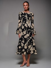 Jolie Moi Black Long Sleeve Frill Chiffon Midaxi Dress - Image 3 of 6