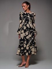Jolie Moi Black Long Sleeve Frill Chiffon Midaxi Dress - Image 4 of 6