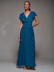 Jolie Moi Green Pleated Frill Detail Chiffon Maxi Dress - Image 1 of 6