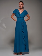 Jolie Moi Green Pleated Frill Detail Chiffon Maxi Dress - Image 2 of 6
