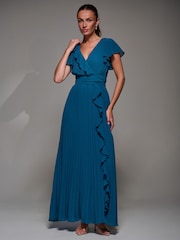 Jolie Moi Green Pleated Frill Detail Chiffon Maxi Dress - Image 3 of 6