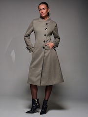 Jolie Moi Green Asymmetric Button Detail Fit & Flare Coat - Image 1 of 6