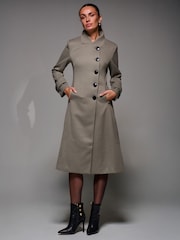 Jolie Moi Green Asymmetric Button Detail Fit & Flare Coat - Image 2 of 6