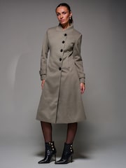 Jolie Moi Green Asymmetric Button Detail Fit & Flare Coat - Image 4 of 6