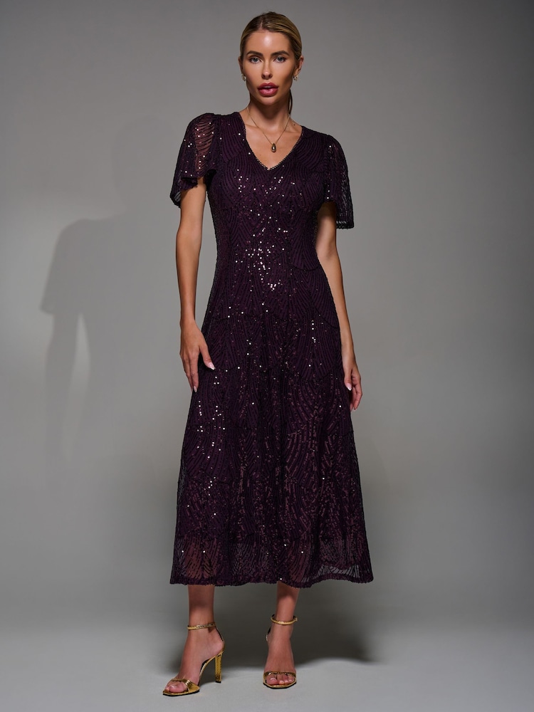 long sleeve sequin flare dress Faux-Wrap Long Sequin Formal Dress with Long Sleeves Lapis Blue / Large main image 1
