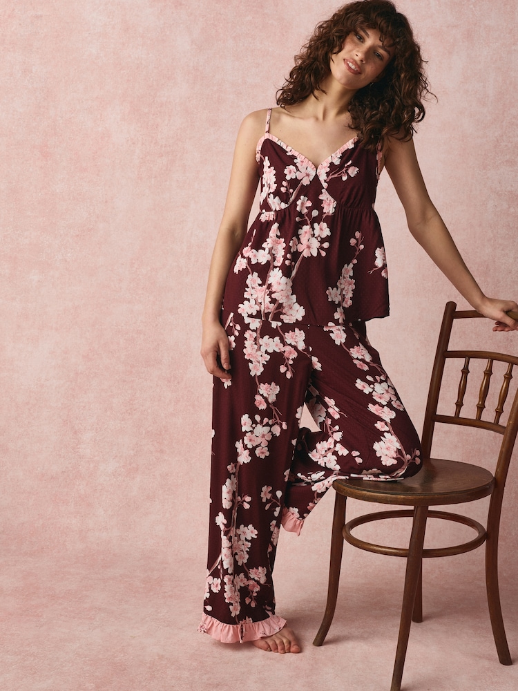 Bath & Body Works Berry Red Japanese Cherry Blossom Frill Cami Pyjamas Set - Image 2 of 12