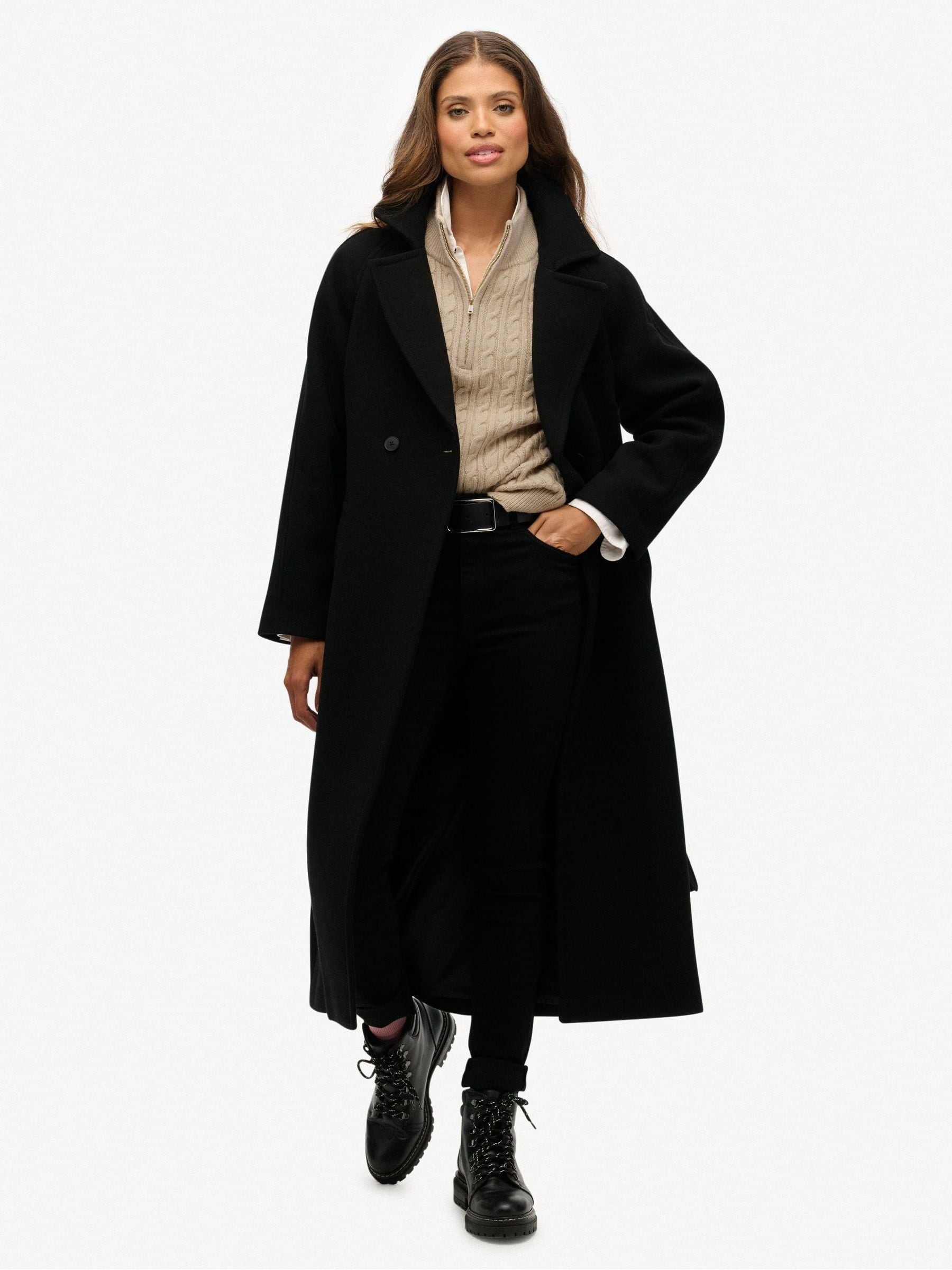 Buy Superdry Black Relaxed Long Wool Coat from the Next UK online shop