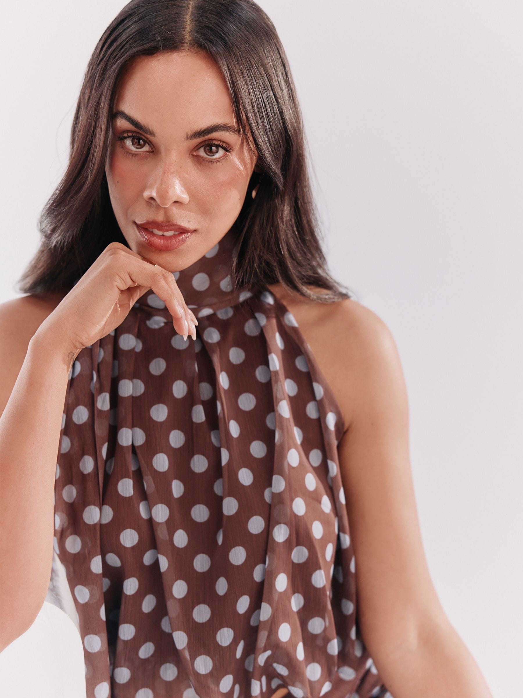 トップス meltthelady neck ribbon tops Buy Chocolate Brown/Blue Polka Dot Bubblehem Tie Neck Sleeveless