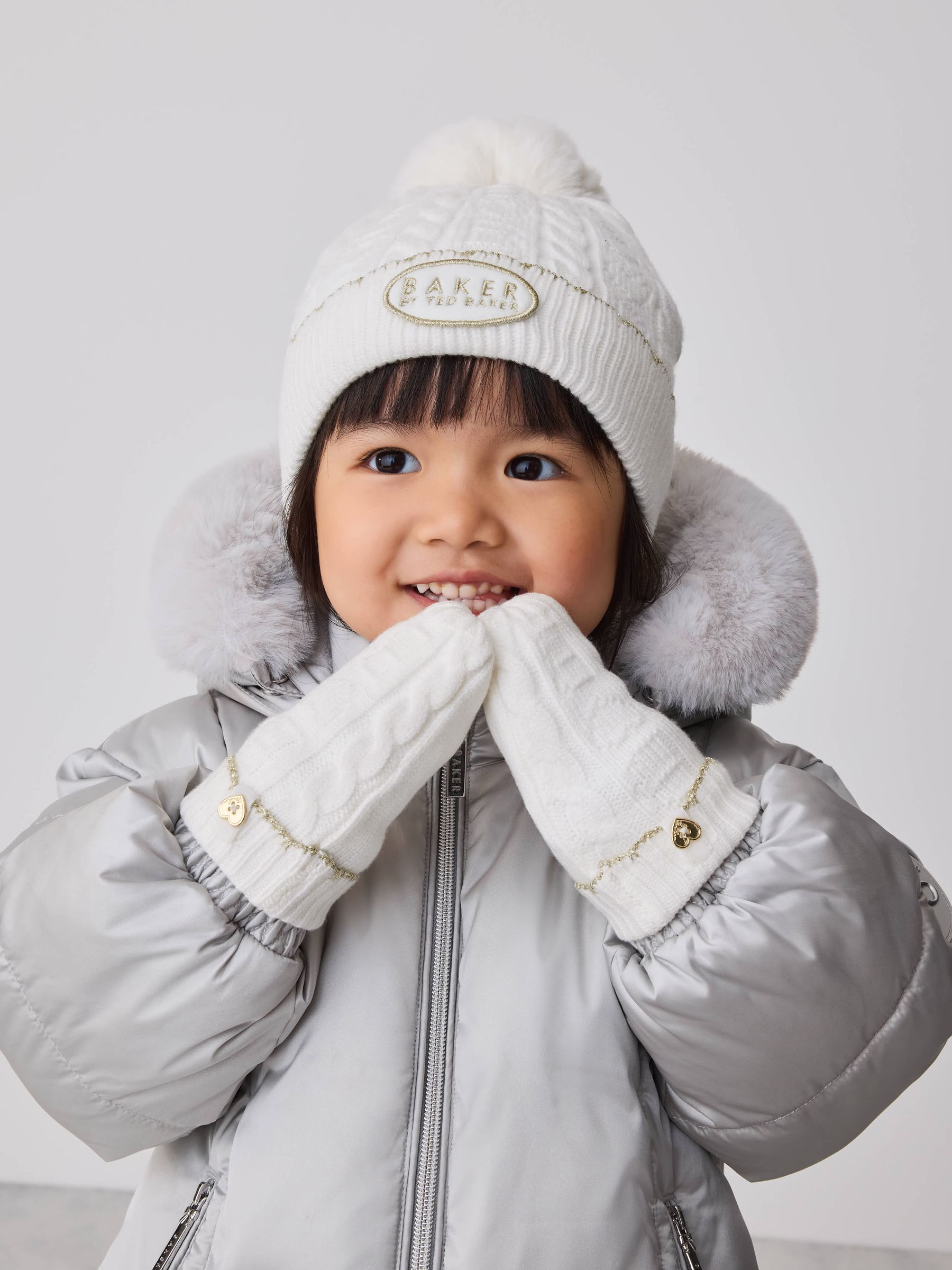 Baker by Ted Baker Ivory Cable Knit Heart Hat and Mittens Set view 1