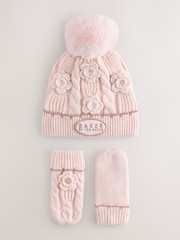 Baker by Ted Baker Pink Corsage Knitted Hat and Mittens Set - Image 1 of 5