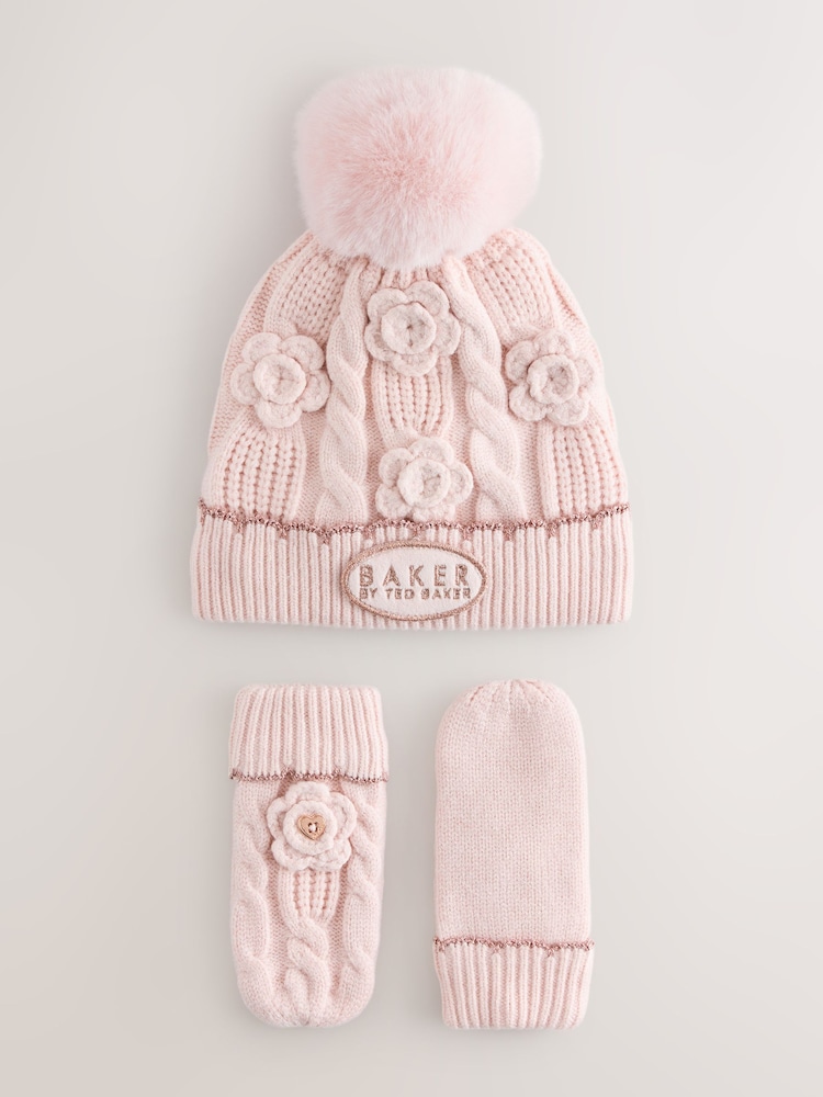 Baker by Ted Baker Pink Corsage Knitted Hat and Mittens Set - Image 1 of 5 Baker by Ted Baker Pink Corsage Knitted Hat and Mittens Set - Image 1 of 5