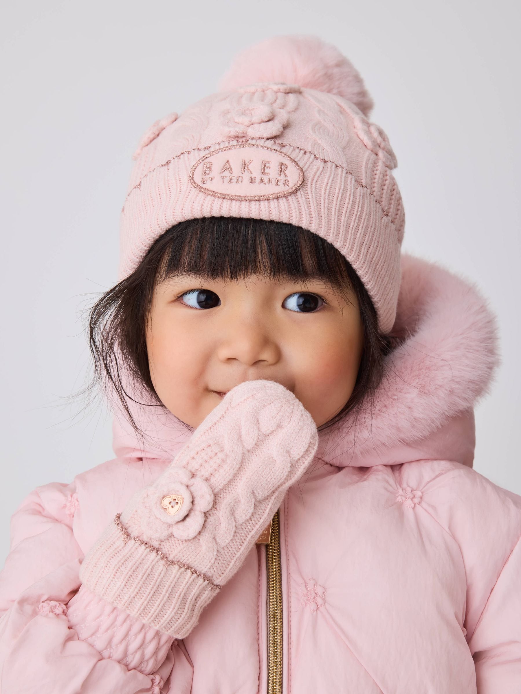 Baker by Ted Baker Pink Corsage Knitted Hat and Mittens Set view 1