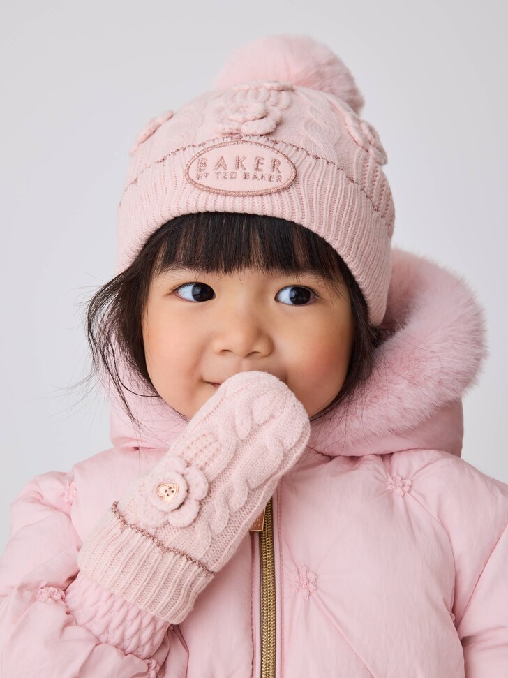 Baker by Ted Baker Pink Corsage Knitted Hat and Mittens Set