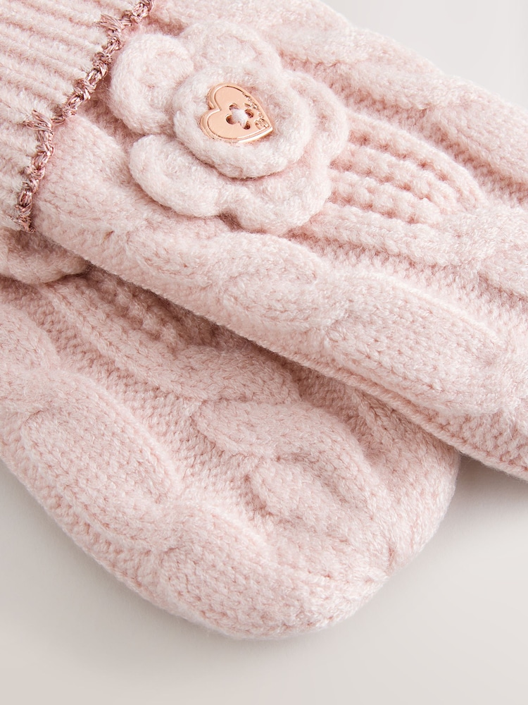 Baker by Ted Baker Pink Corsage Knitted Hat and Mittens Set - Image 5 of 5 Baker by Ted Baker Pink Corsage Knitted Hat and Mittens Set - Image 5 of 5