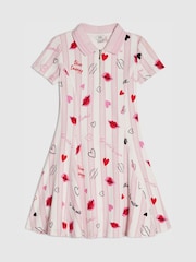 River Island Pink Stripe Lip & Hearts Print Polo Dress - Image 1 of 4