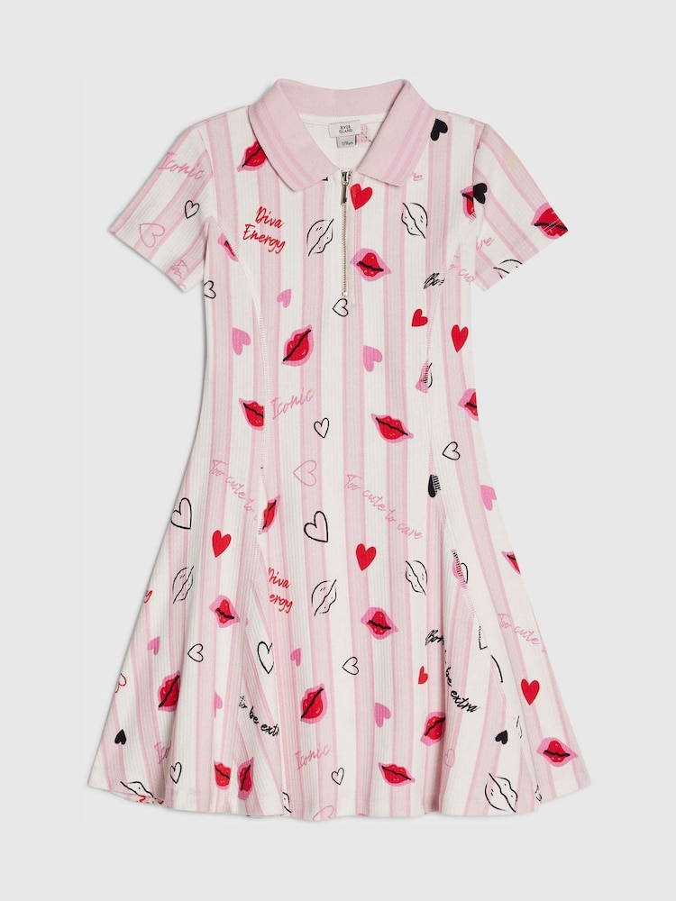 River Island Pink Stripe Lip & Hearts Print Polo Dress - Image 1 of 4