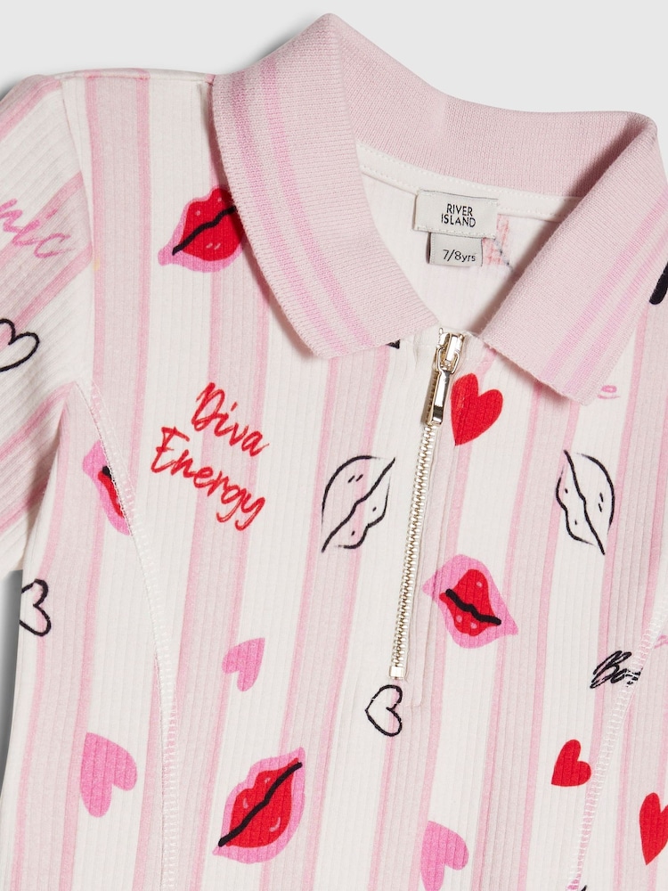 River Island Pink Stripe Lip & Hearts Print Polo Dress - Image 4 of 4