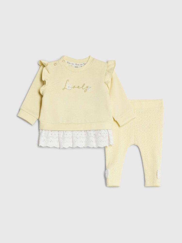 River Island Yellow Broderie Frill Sweat Top & Leggings Set - Image 1 of 6