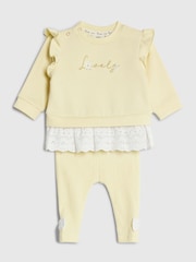 River Island Yellow Broderie Frill Sweat Top & Leggings Set - Image 3 of 6