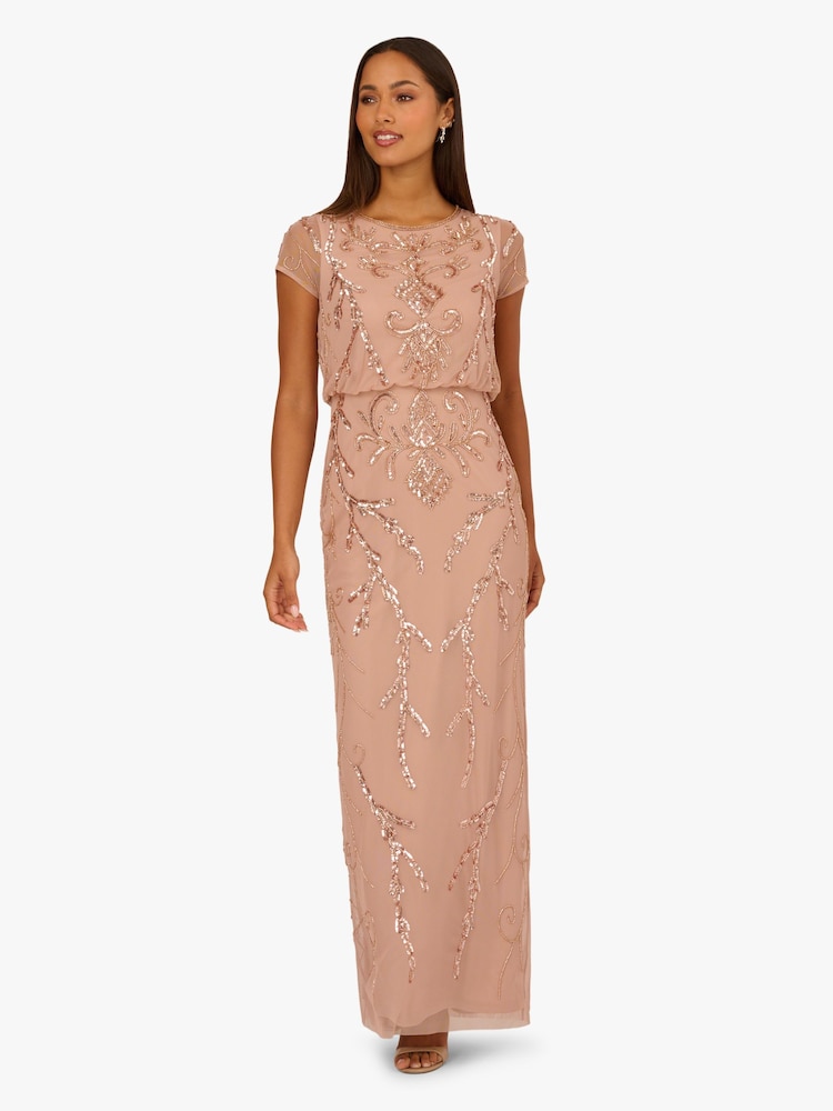 Adrianna Papell Pink Studio Bead Blouson Long Dress - Image 1 of 6 Adrianna Papell Pink Studio Bead Blouson Long Dress - Image 1 of 6