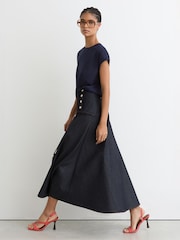 Reiss Dark Blue Skylar Button-Detail Denim Midi Skirt - Image 1 of 7
