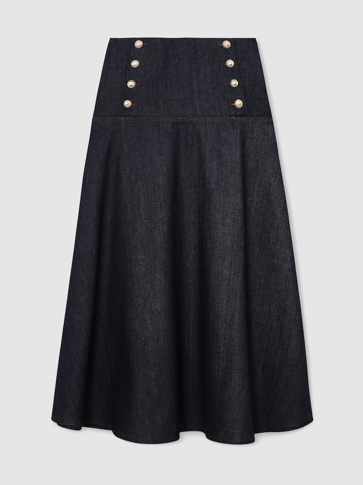 Reiss Dark Blue Skylar Button-Detail Denim Midi Skirt - Image 2 of 7
