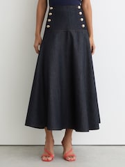 Reiss Dark Blue Skylar Button-Detail Denim Midi Skirt - Image 4 of 7