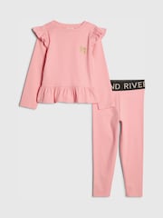 River Island Pink Frill Rib Top & Waistband Leggings Set - Image 1 of 1