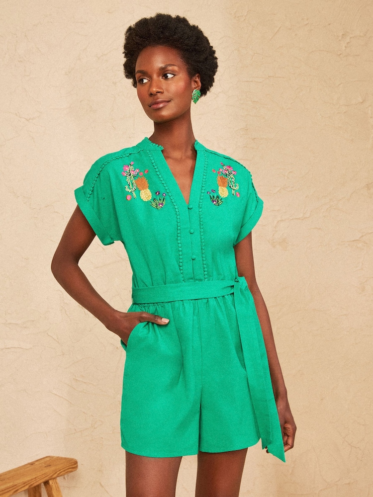 Love & Roses Green Petite Embroidered Roll Sleeve Playsuit - Image 1 of 4