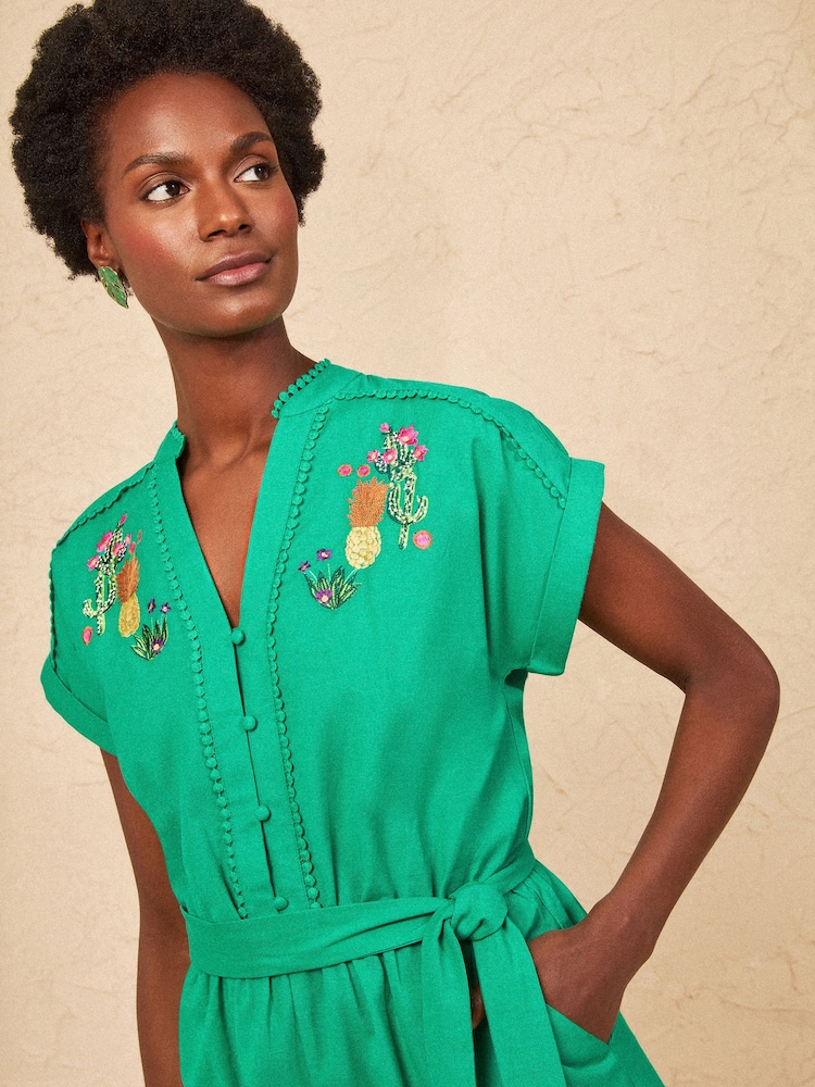 Love & Roses Green Petite Embroidered Roll Sleeve Playsuit - Image 2 of 4