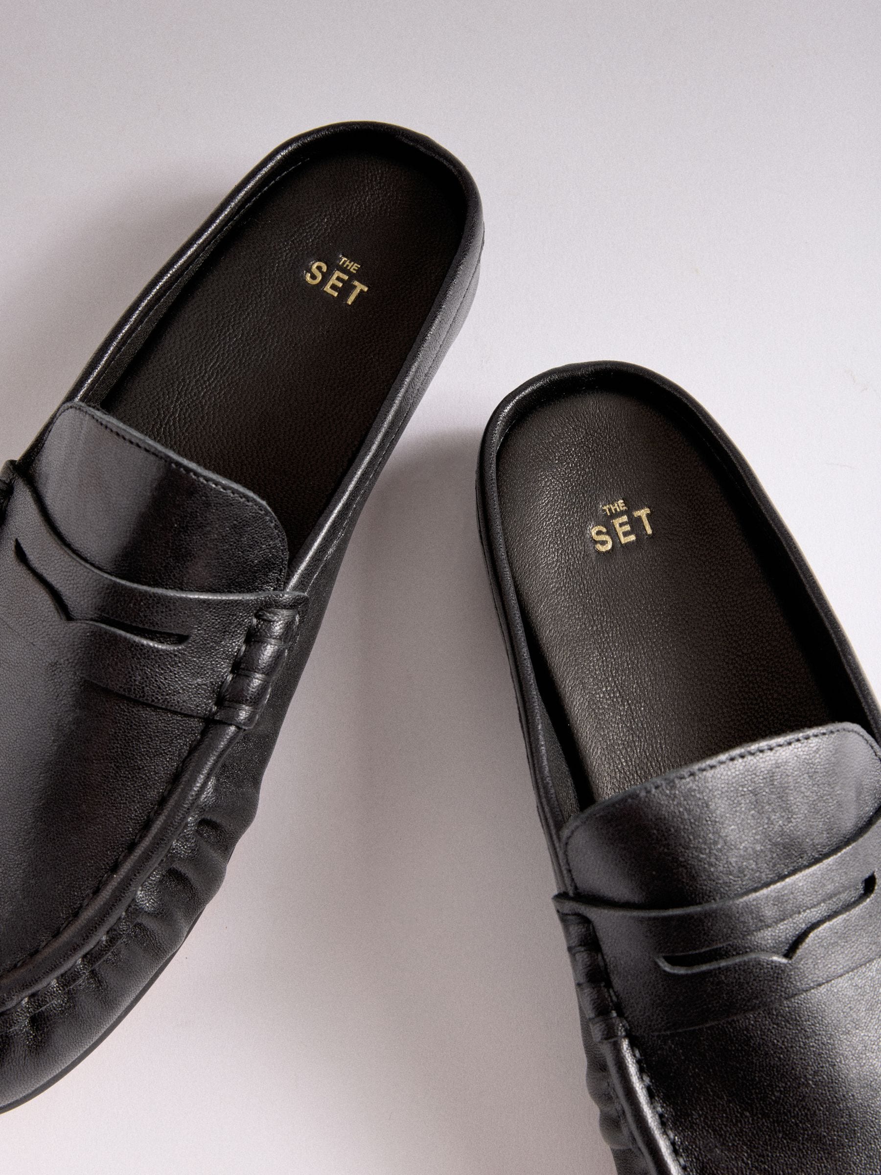 Buy The Set Black Premium Leather Suede Backless Loafers from Next USA