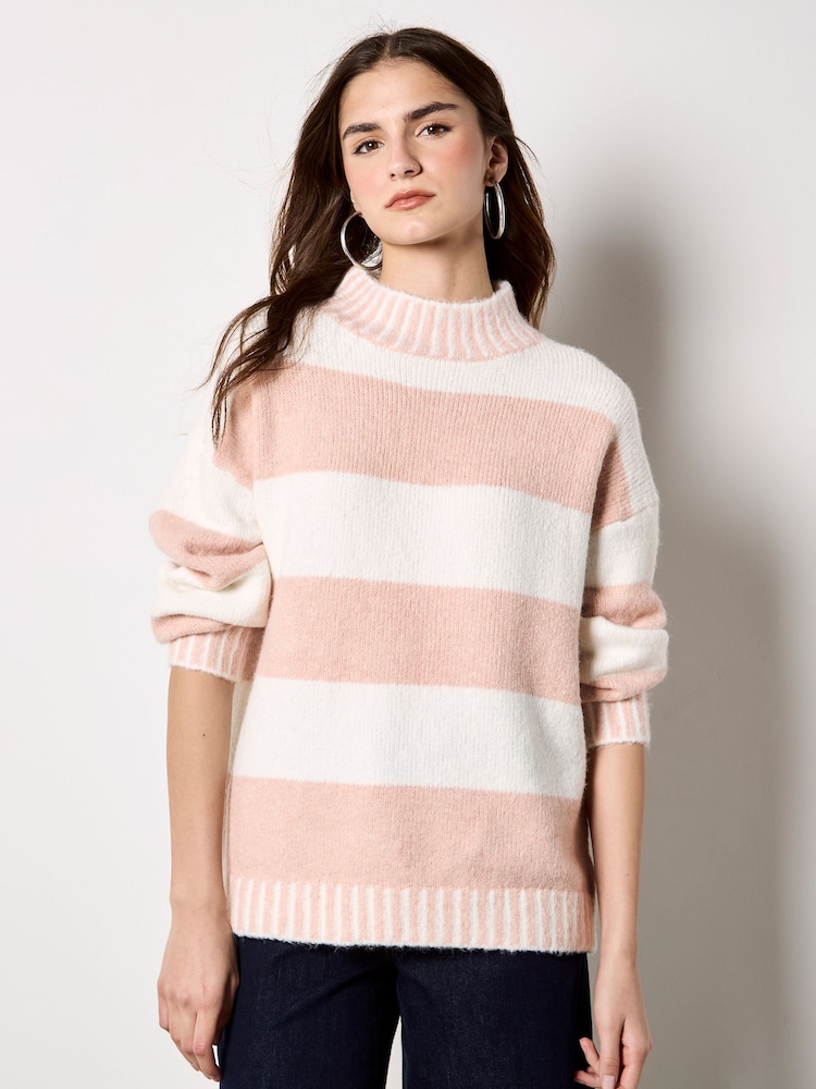 Apricot Pink Mixed Bold Stripe Jumper - Image 1 of 4 Apricot Pink Mixed Bold Stripe Jumper - Image 1 of 4