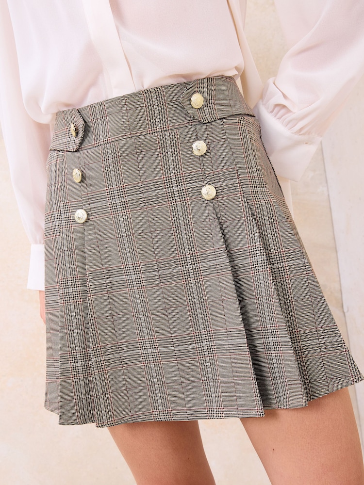 Lipsy Brown Check Military Button Pleated Mini Skirt - Image 1 of 4