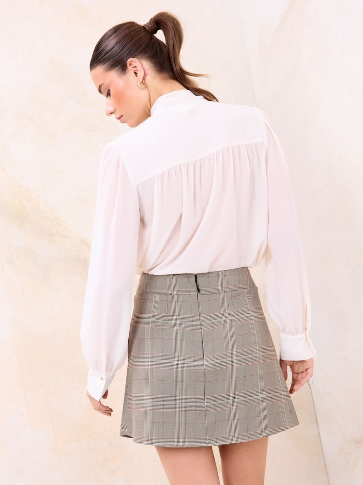 Lipsy Brown Check Military Button Pleated Mini Skirt - Image 4 of 4