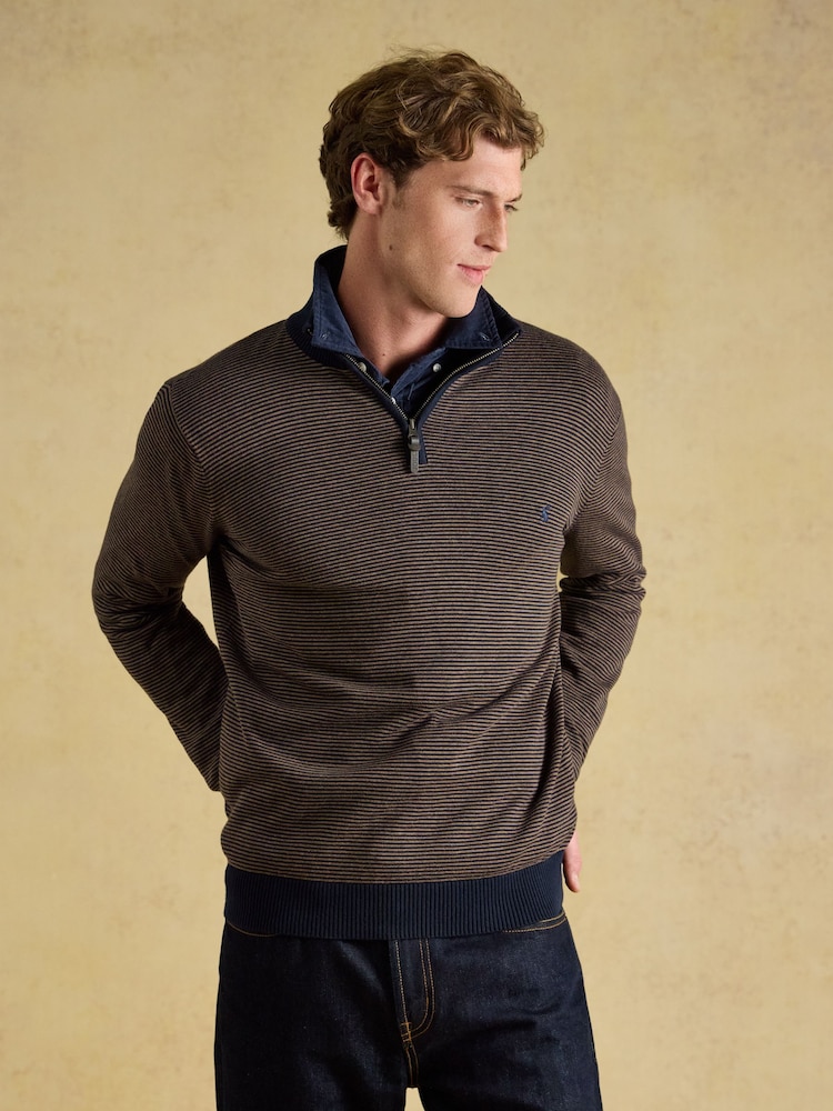 Joules Hillside Navy & Brown Striped Quarter Zip Knitted Jumper - Image 1 of 7