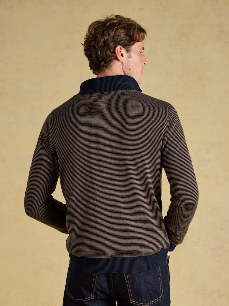 Joules Hillside Navy & Brown Striped Quarter Zip Knitted Jumper - Image 2 of 7