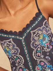 Love & Roses Navy Paisley Print Lace Trim Cami - Image 2 of 4