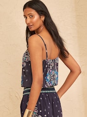 Love & Roses Navy Paisley Print Lace Trim Cami - Image 4 of 4