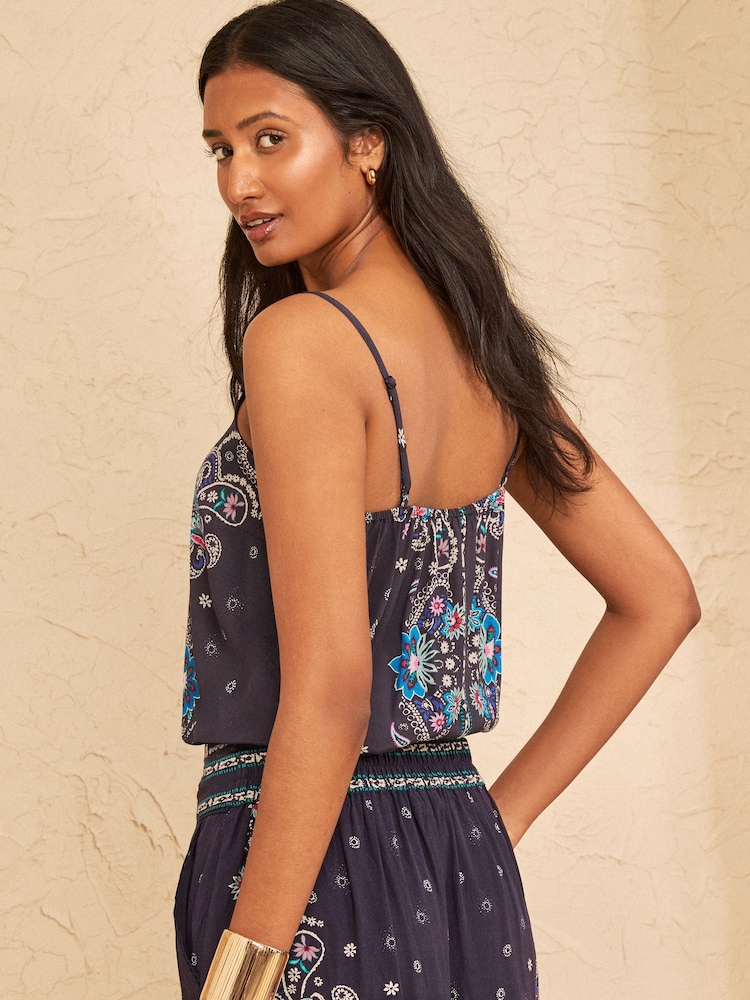Love & Roses Navy Paisley Print Lace Trim Cami - Image 4 of 4